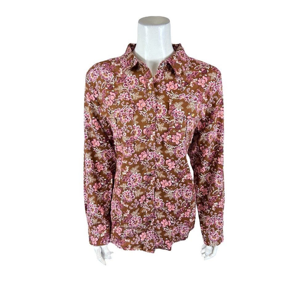 Joan Rivers Cotton Floral Print Flannel Button Front Shirt Cappuccino Medium Sz